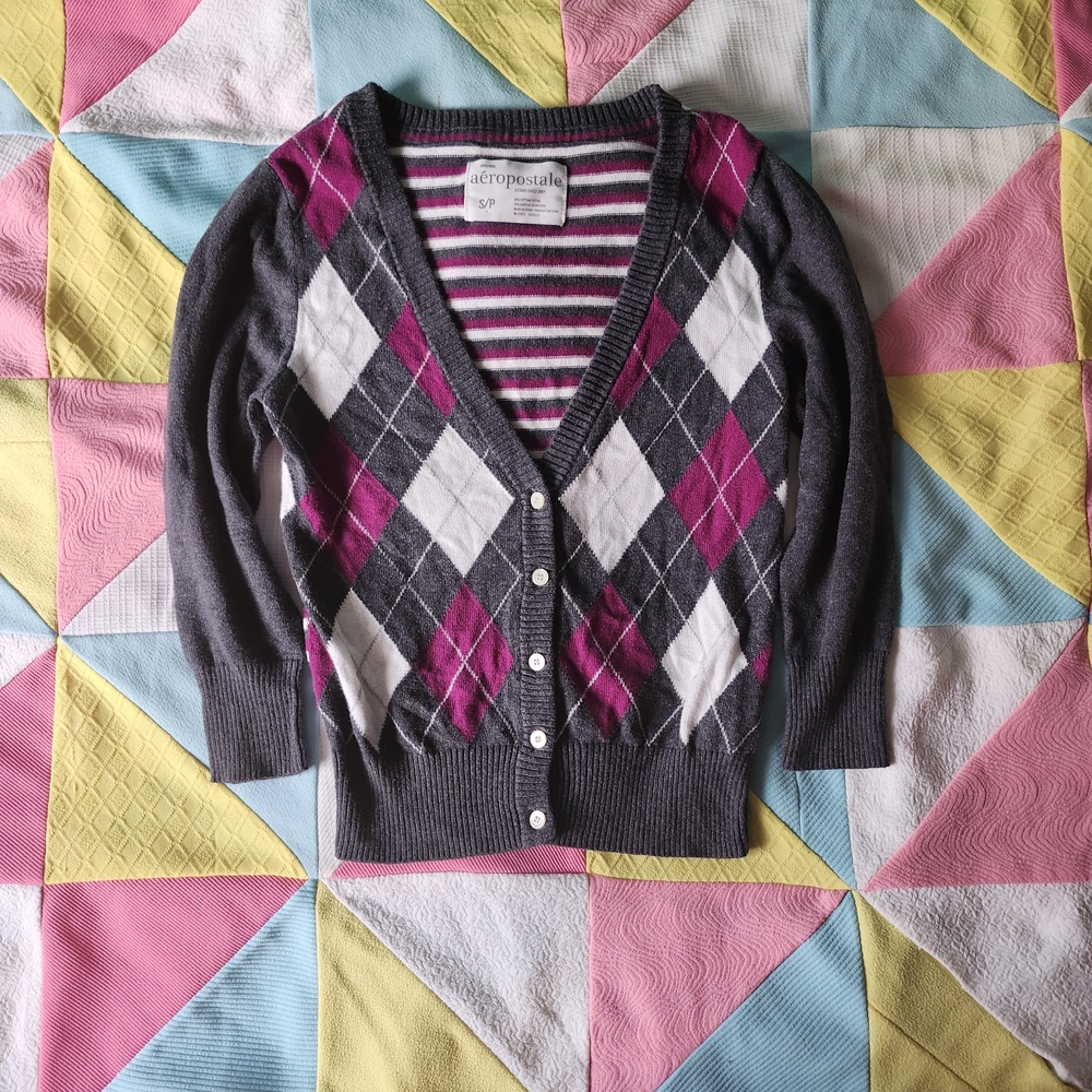 Aeropostale Argyle Cardigan - Charcoal, Magenta, White